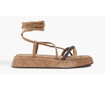 Bead-embellished suede platform sandals - Neutral