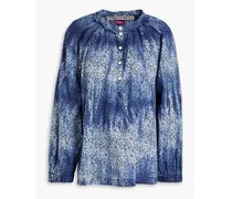 Gathered floral-print cotton blouse - Blue