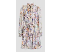 Belted ruffled floral-print silk-chiffon mini shirt dress - White