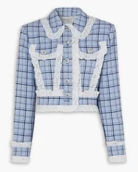 Alessandra Rich Cropped lace-trimmed checked wool-blend tweed jacket - Blue Blue