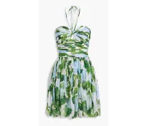 Pleated floral-print silk-chiffon halterneck mini dress - Green