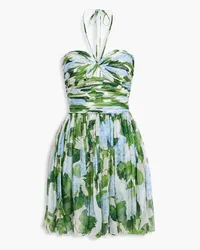 Oscar de la Renta Pleated floral-print silk-chiffon halterneck mini dress - Green Green