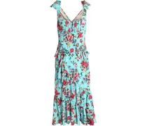Embellished ruffled floral-print silk-blend midi dress - Blue