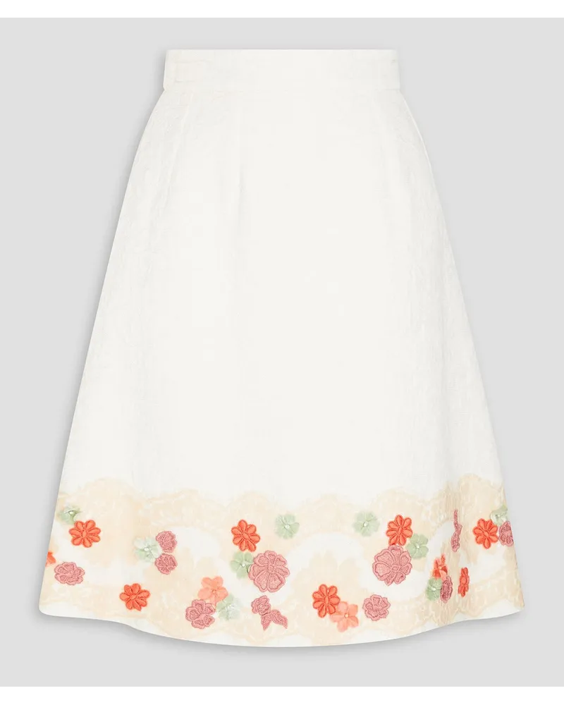 Dolce & Gabbana Floral-appliquéd lace-trimmed cotton and silk-blend skirt - White White