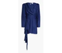 Wrap-effect pleated satin-jacquard mini dress - Blue