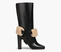 Embellished shearling-trimmed leather boots - Black