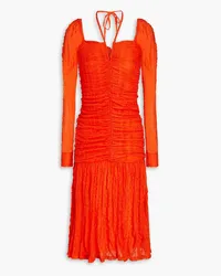 Ganni Ruched stretch-cloqué halterneck midi dress - Orange Orange