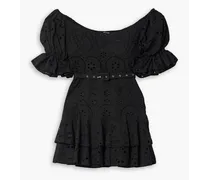 Jean belted broderie anglaise cotton-blend mini dress - Black