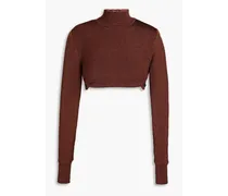 Cropped satin-paneled knitted turtleneck top - Brown
