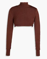 Hervé Léger Cropped satin-paneled knitted turtleneck top - Brown Brown