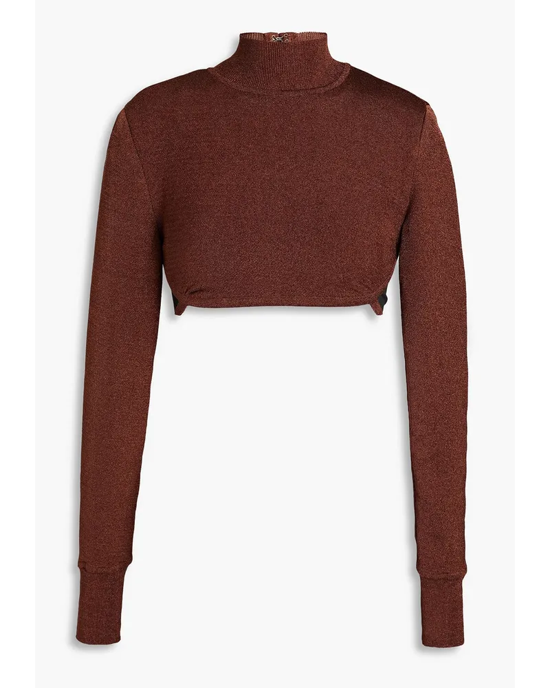 Hervé Léger Cropped satin-paneled knitted turtleneck top - Brown Brown