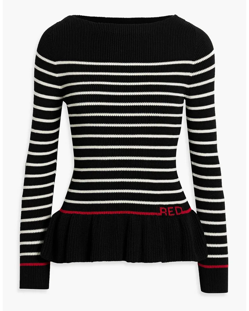 RED Valentino Ruffled striped ribbed-knit sweater - Black Black