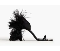 Feather-trimmed satin sandals - Black