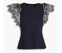 Ruffled broderie anglaise-trimmed cotton-blend jersey top - Blue