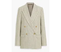 Double-breasted striped wool and cotton-blend tweed blazer - Gray