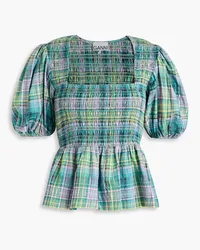 Ganni Shirred checked cotton-blend peplum top - Blue Blue