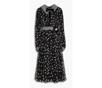 Bow-embellished polka-dot chiffon and houndstooth tweed midi dress - Black