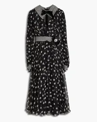 Dolce & Gabbana Bow-embellished polka-dot chiffon and houndstooth tweed midi dress - Black Black