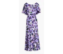Draped floral-print silk-blend crepe midi dress - Purple