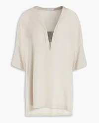 Brunello Cucinelli Cutout bead-embellished silk crepe de chine tunic - White White