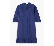 Ruffled pintucked cotton-poplin mini dress - Blue