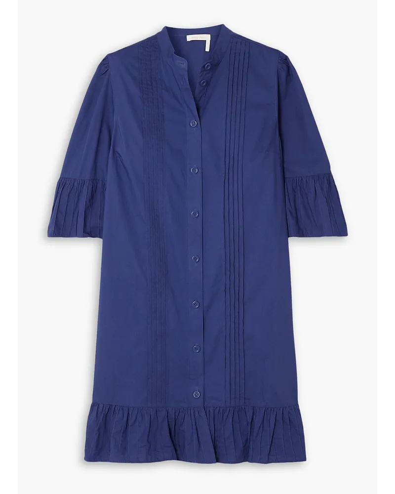 See by Chloé Ruffled pintucked cotton-poplin mini dress - Blue Blue