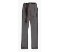 Belted pleated wool-blend straight-leg pants - Gray