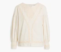 Pleated broderie anglaise cotton and linen-blend top - Pink