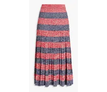 Mélange striped ribbed-knit midi skirt - Red