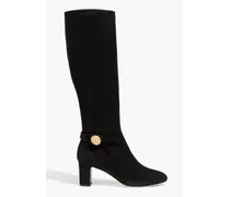 Button-detailed suede knee boots - Black