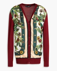 Dolce & Gabbana Printed silk-twill paneled cashmere cardigan - Burgundy Burgundy