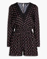 Maje Lace-trimmed printed silk-crepon playsuit - Black Black