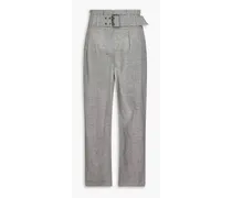 Belted pleated houndstooth wool and silk-blend tapered pants - Gray