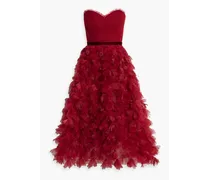 Strapless floral-appliquéd tulle midi dress - Red