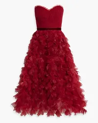 Marchesa Strapless floral-appliquéd tulle midi dress - Red Red