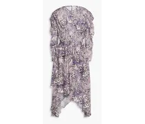 Asymmetric gathered printed silk crepe de chine midi dress - Purple