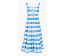 Gathered striped cotton-poplin midi dress - Blue