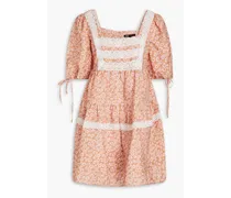 Crocheted lace-trimmed floral-print linen-blend mini dress - Pink