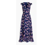 Emma ruffled printed cotton and silk-blend maxi dress - Blue