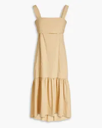 Theory Bow-embellished gathered slub linen-blend midi dress - Neutral Neutral