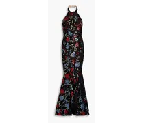 Embellished ruffled tulle halterneck gown - Black