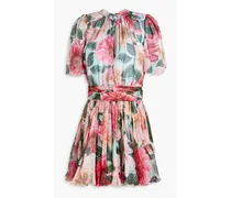 Belted gathered floral-print silk-chiffon mini dress - Pink