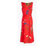 Belted floral-print cady midi dress - Red
