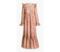 Ruffled button-detailed paisley-print linen midi dress - Pink