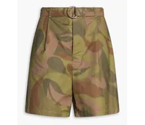 Belted printed cotton-blend canvas shorts - Green