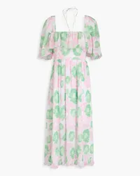 Ganni Shirred printed georgette midi dress - Pink Pink