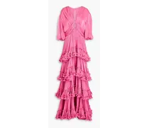 Tiered metallic plissé-satin gown - Pink