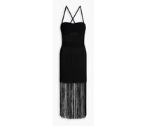 Fringed knitted-paneled ponte midi dress - Black