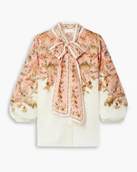 Zimmermann Chintz pussy-bow floral-print embroidered ramie blouse - Pink Pink