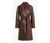 Belted padded leather coat - Brown